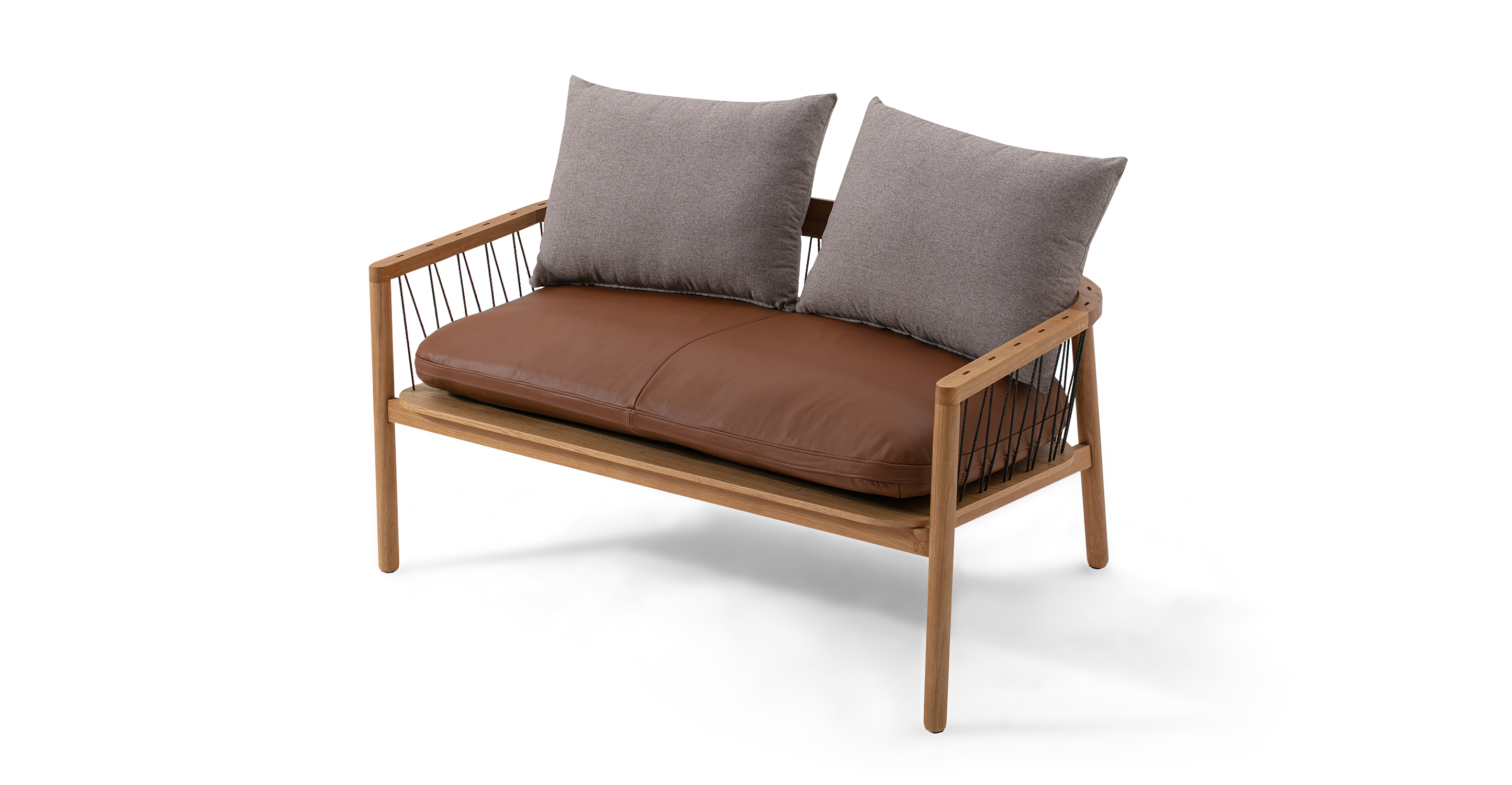 Image shows right facing view of Hatch Contemporary Stand-Alone Sofa with two detached Back Cushions in Norway Fabric Stone and one detached seat cushion in Patrol Bronze Genuine Leather. The sofa's frame is solid walnut wood, with black crosshatch string on the back and sides. 